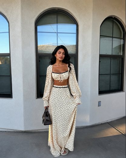 Cream polka dot square neck crop top and high waist maxi skirt set