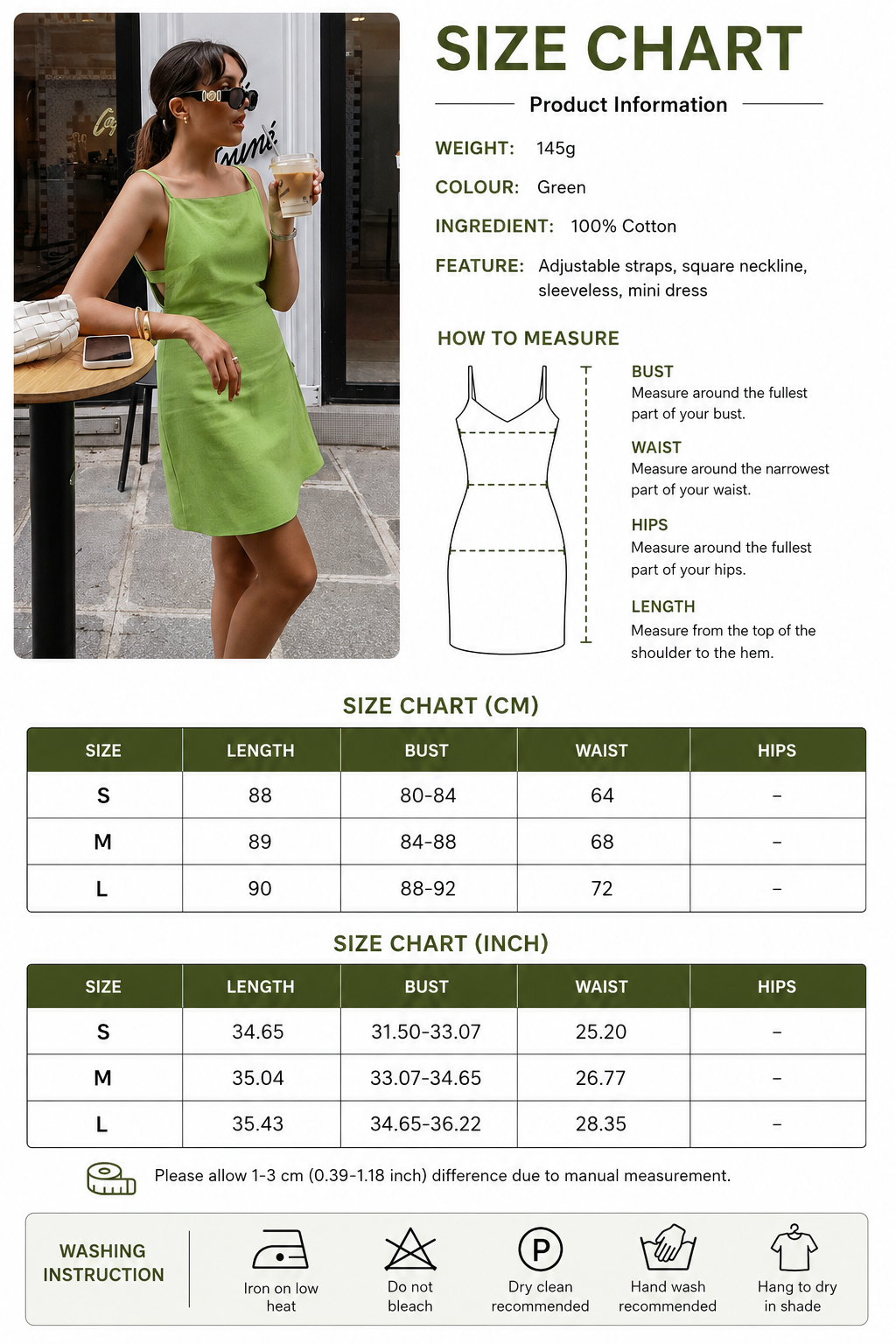 Green Square Neck Spaghetti Strap Mini Dress with Open Sides