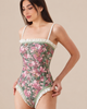Floral Ruffle One Piece Swimsuit with Square Neck