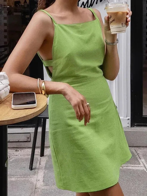 Green Square Neck Mini Dress with Spaghetti Straps