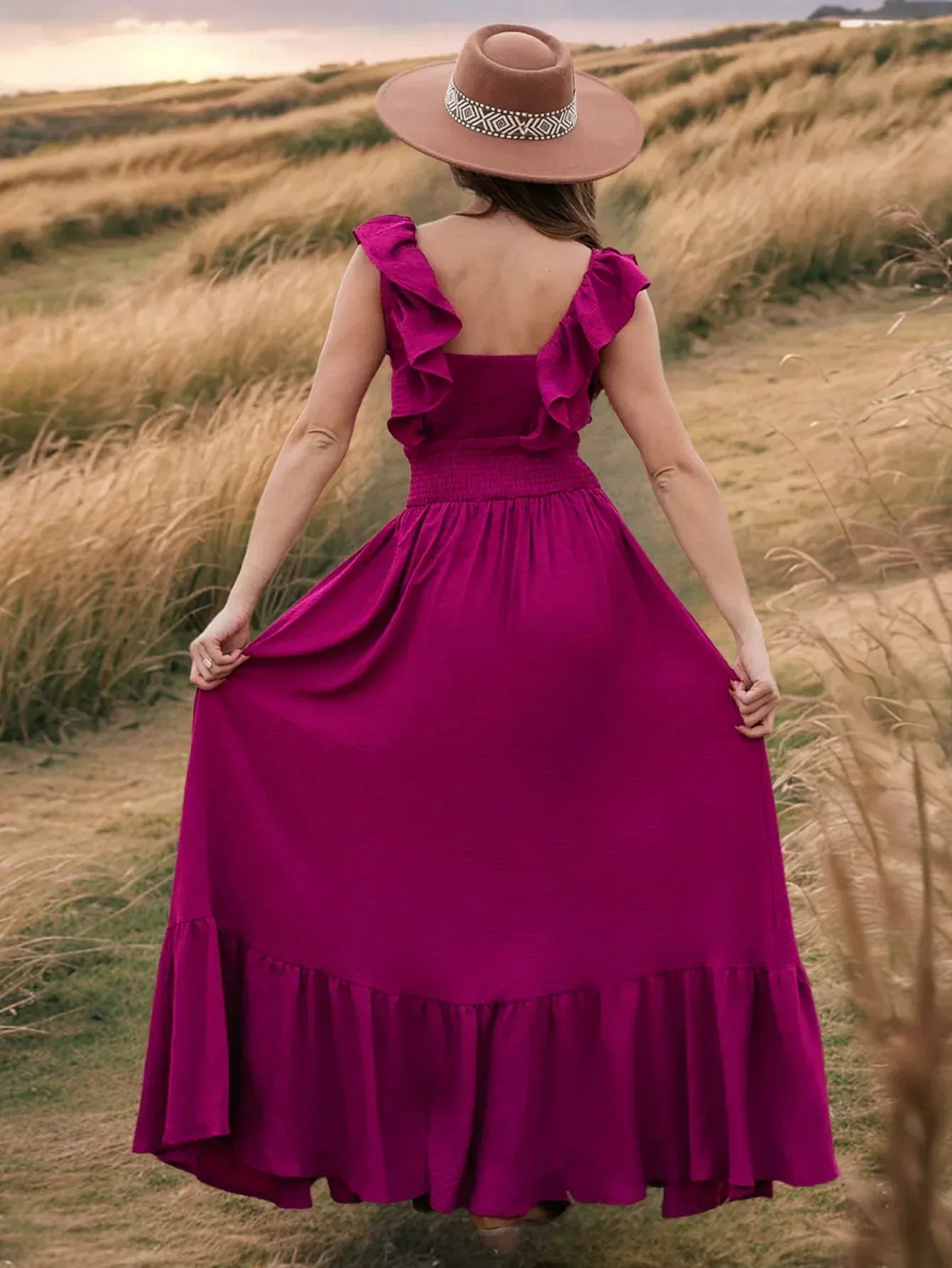 Hot Pink Ruffle Maxi Dress with Square Neck