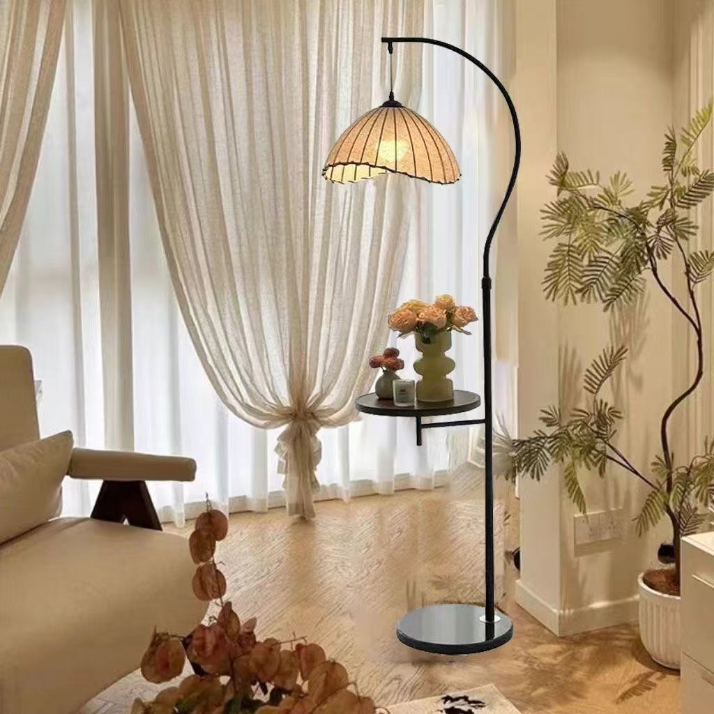 Vintage arc floor lamp with storage shelf