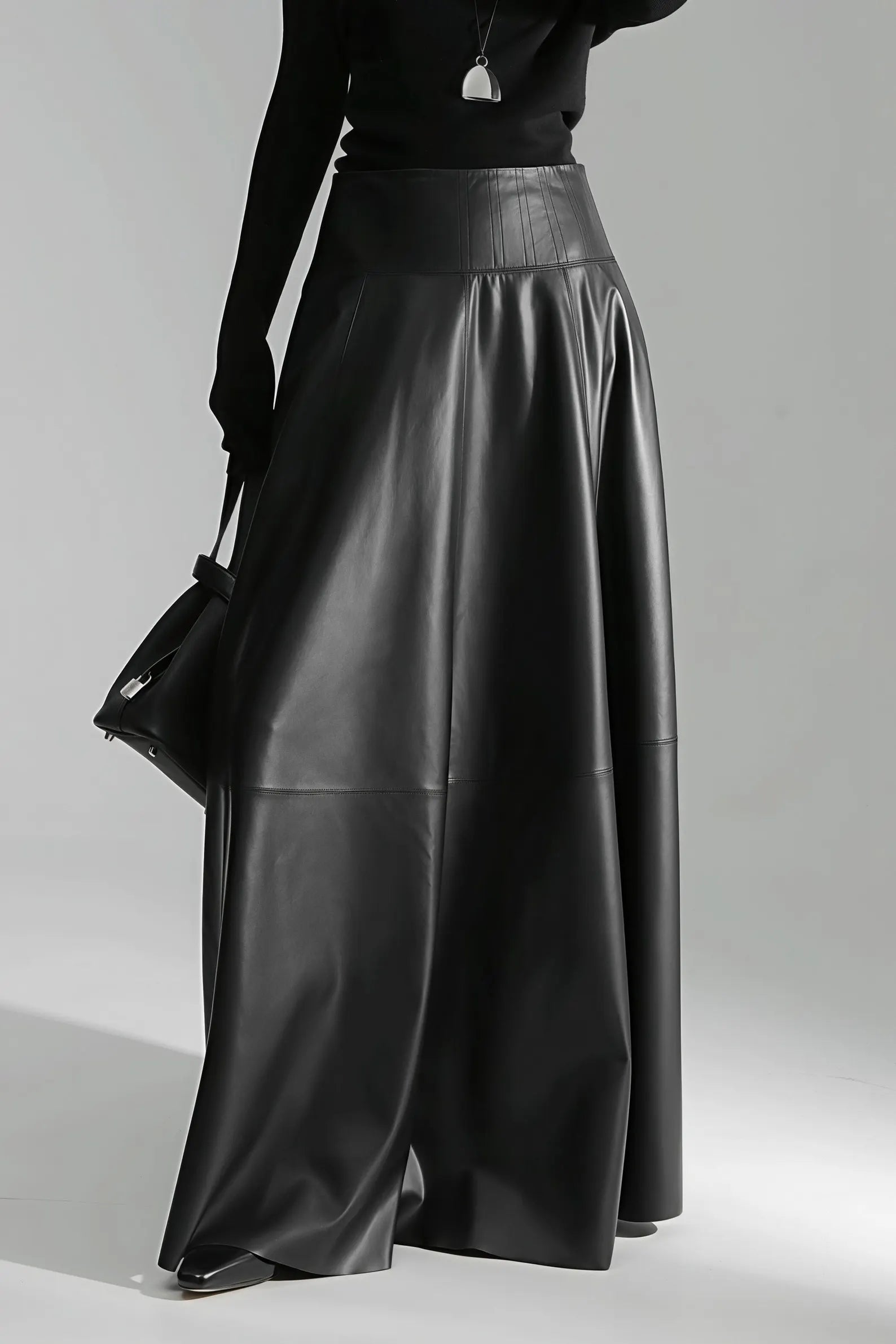 Leather maxi skirts with center seam, low waist and long leather skirts for women.