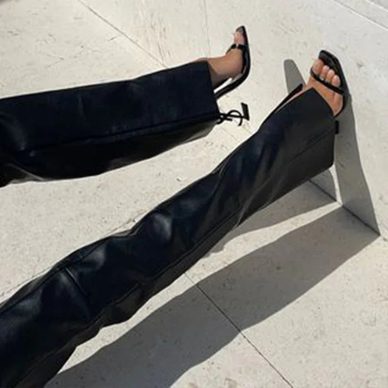 Low waist lace-up PU leather pants