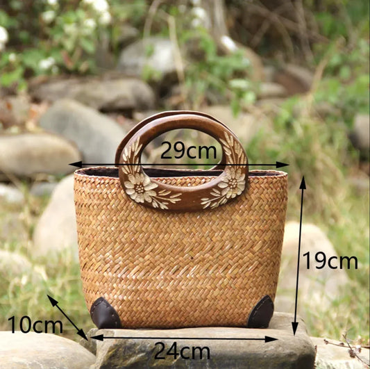 Straw Tote Bag with Floral Wooden Handles