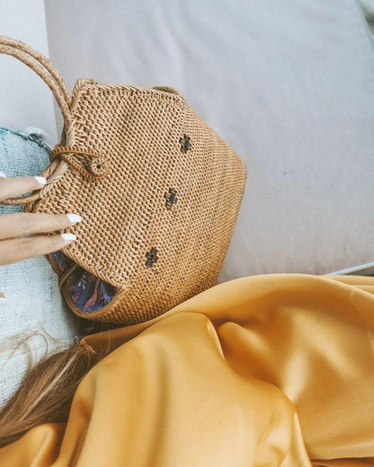 Bali Rattan Handbag With Round Handle and Floral Detail