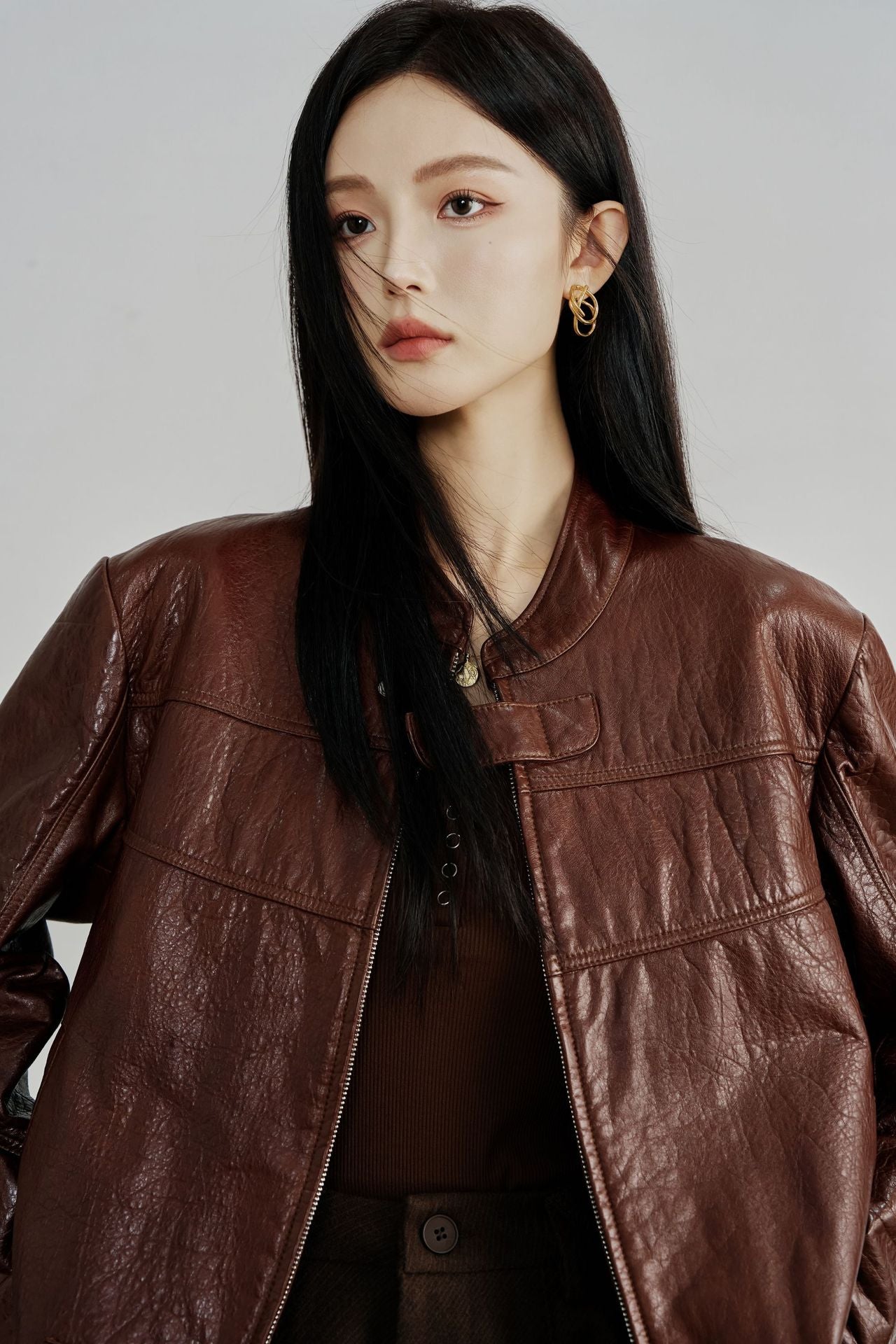 Genuine Leather Zip Up Women Jacket Brown Moto Biker Style
