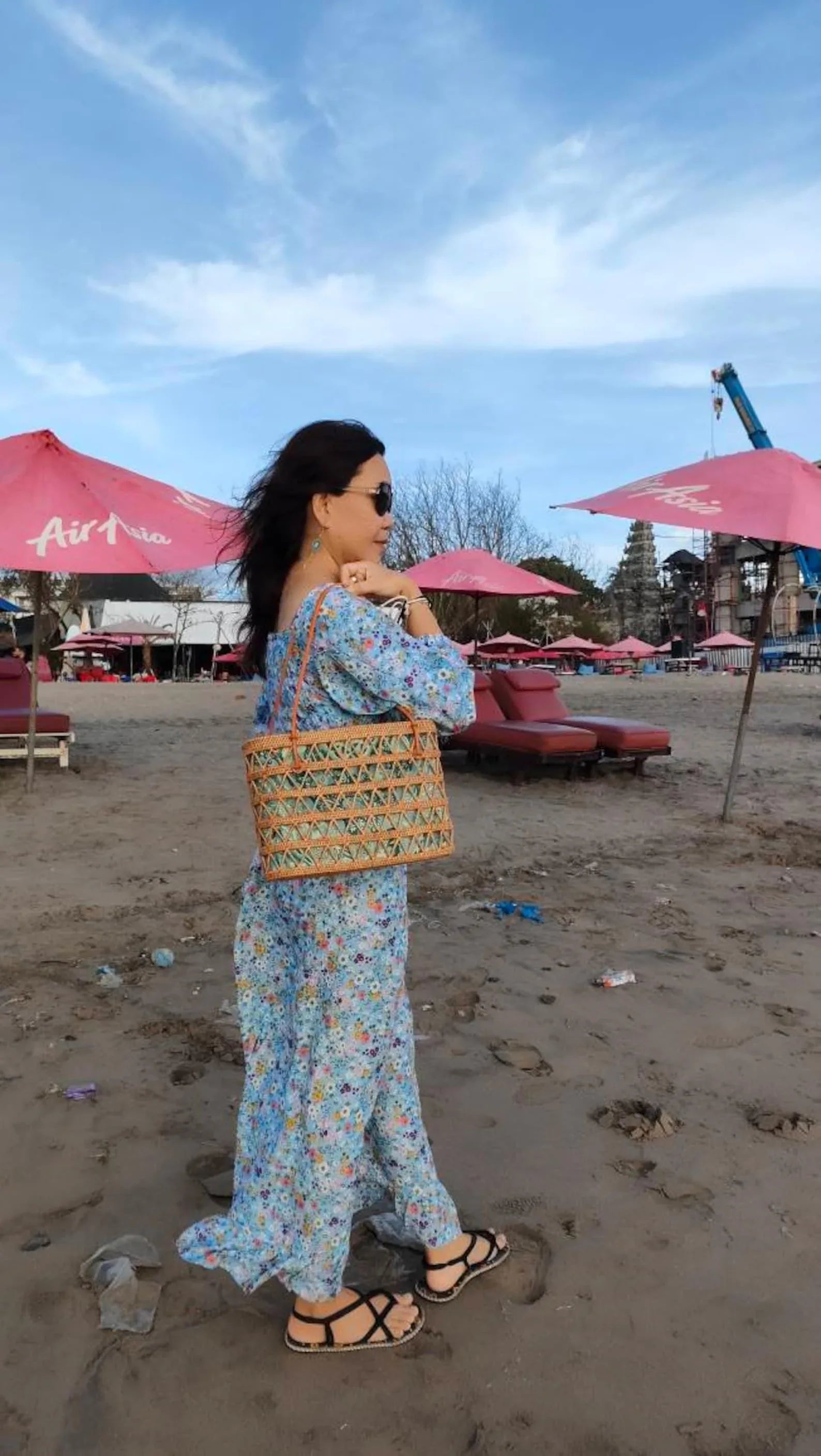 Bali Handmade Natural Rattan Tote Handbag Blue Lining