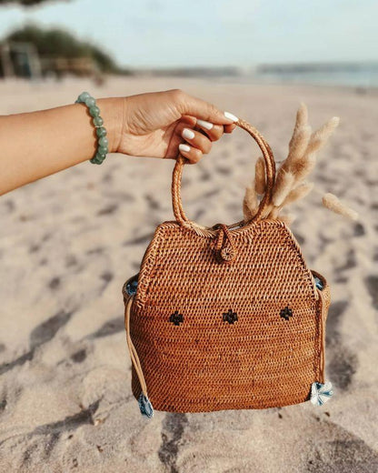 Bali Rattan Handbag With Round Handle and Floral Detail