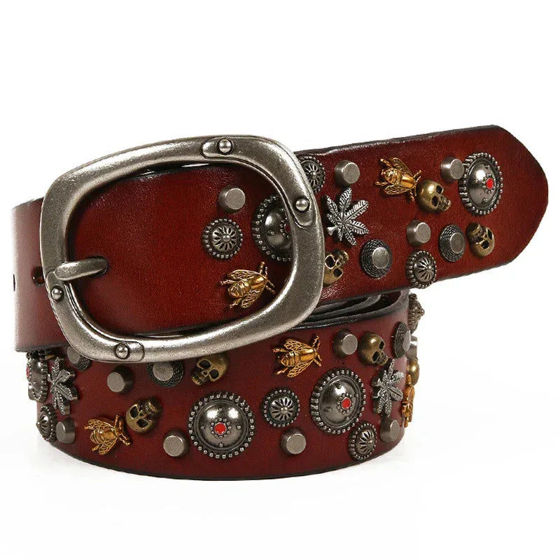 Studded Leather Belt with Skull and Bee Rivets 1 110