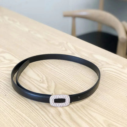 Women Pearl Buckle Split Cowhide Thin Leather Belt