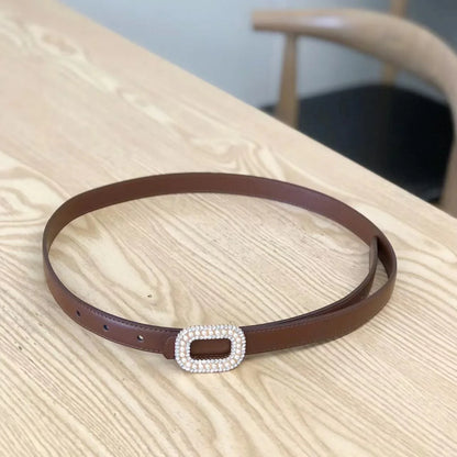 Women Pearl Buckle Split Cowhide Thin Leather Belt Style 1 Brown