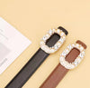 Women Pearl Buckle Split Cowhide Thin Leather Belt