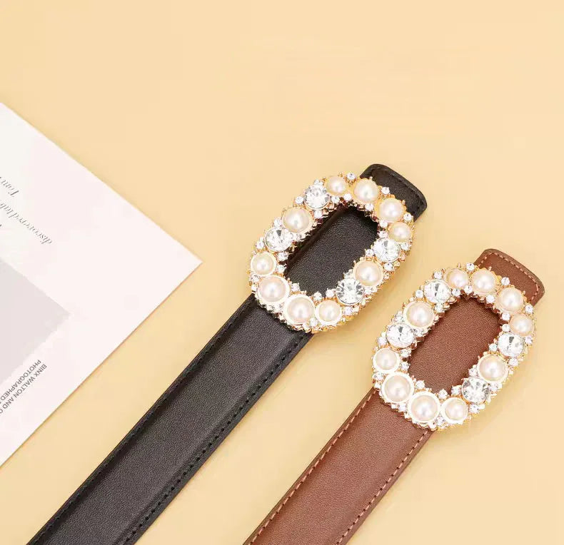 Women Pearl Buckle Split Cowhide Thin Leather Belt