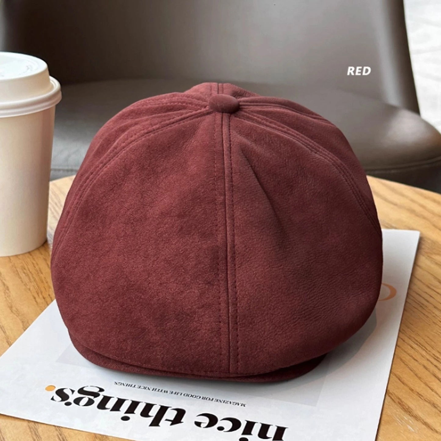 Suede leather gatsby newsboy cap for men Wine M