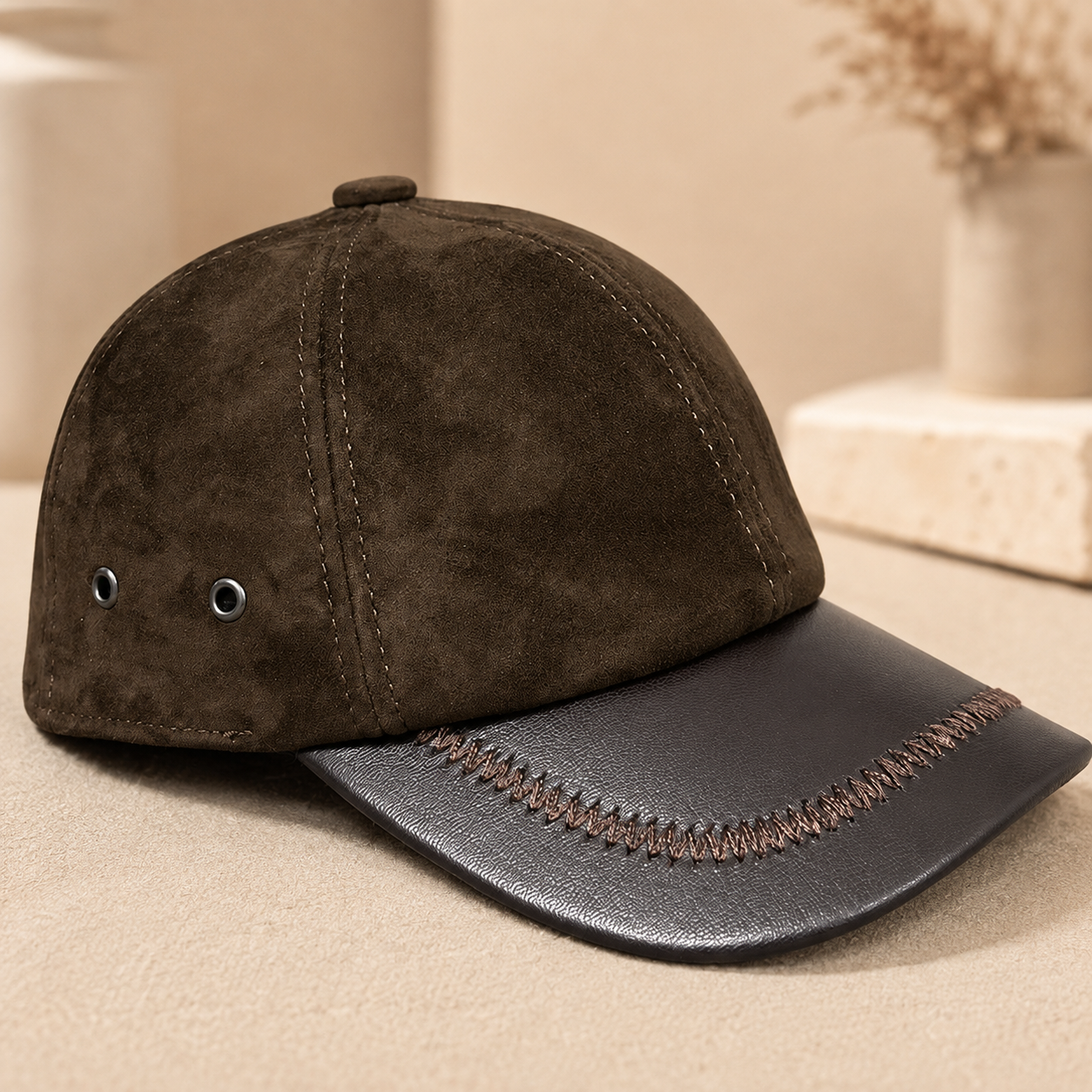 Men’s Genuine Leather Baseball Cap Brown suede