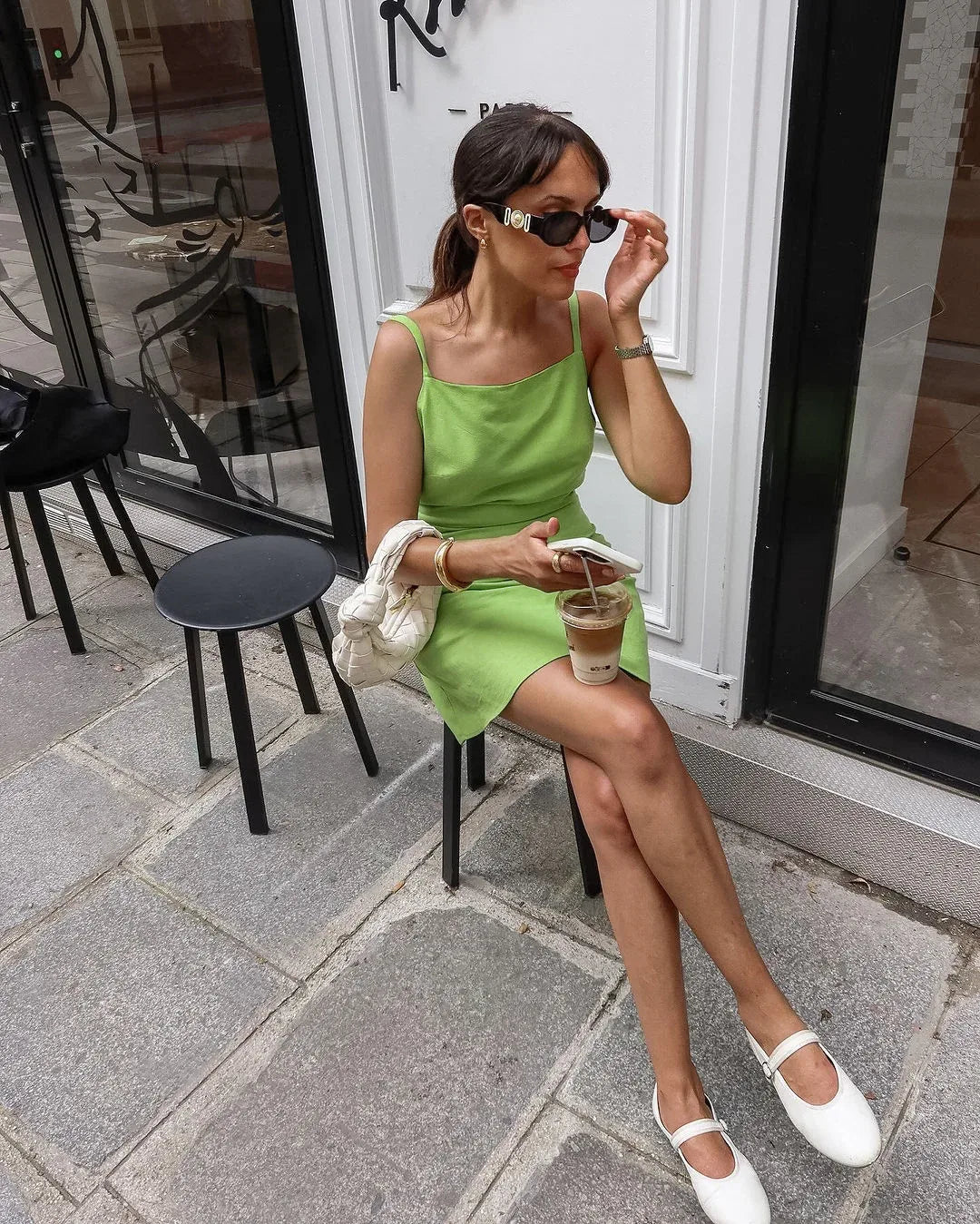 Green Square Neck Mini Dress with Spaghetti Straps