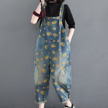 Womens denim jumpsuit with sunflower print overalls