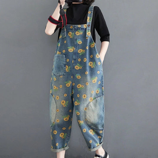Womens denim jumpsuit with sunflower print overalls