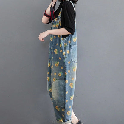 Womens denim jumpsuit with sunflower print overalls