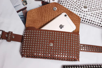 Studded punk pu leather waist phone bag