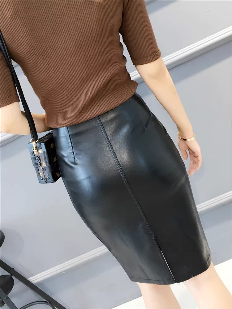 High Waist Black PU Leather Pencil Skirt for Women with Back Slit