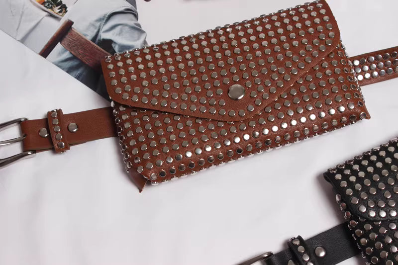 Studded punk pu leather waist phone bag