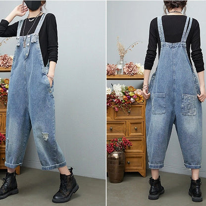 Distressed denim overalls women loose fit adjustable