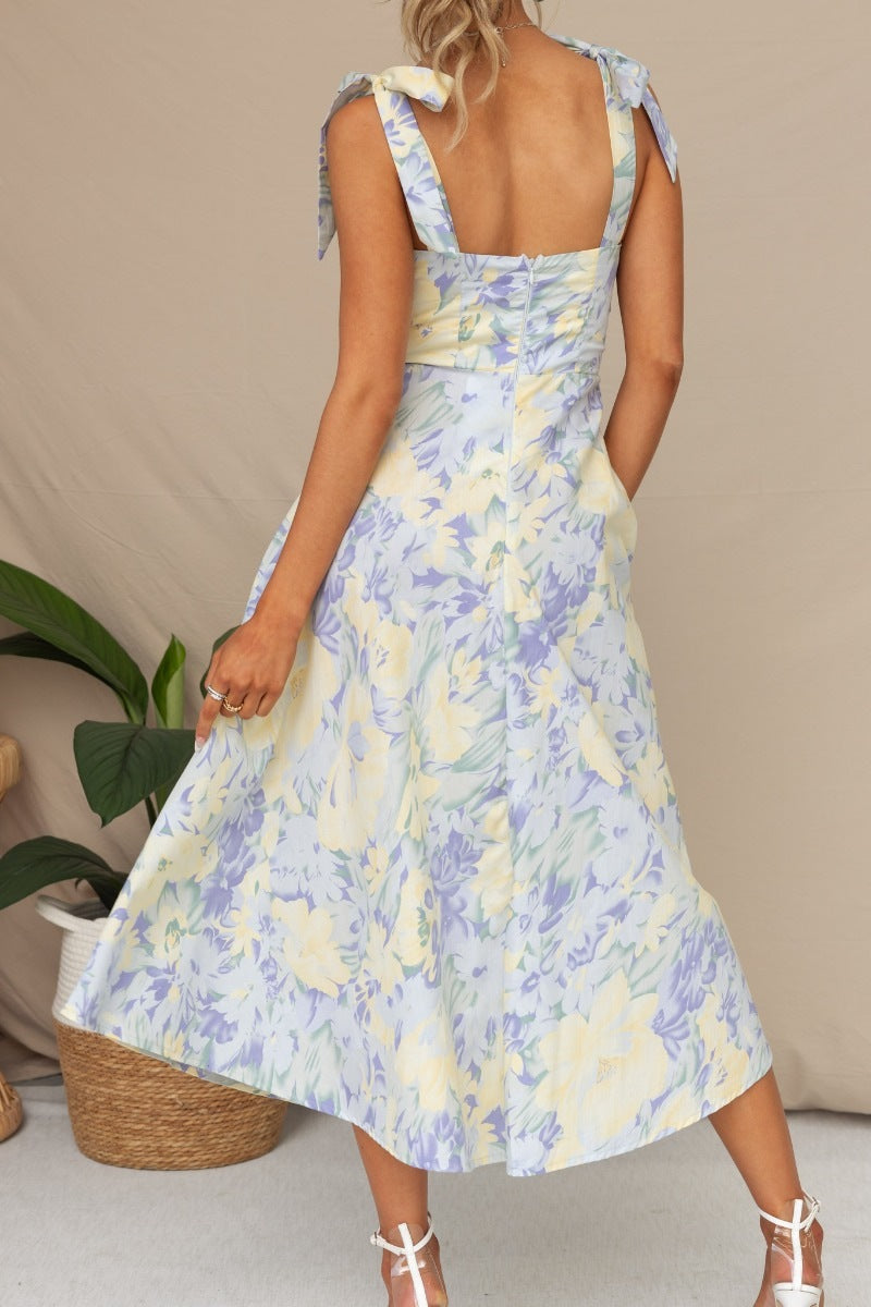 Floral midi sundress with tie straps and v neckline