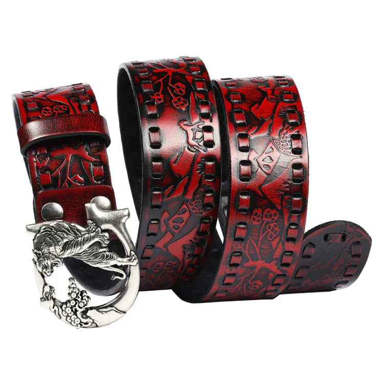 Women's Embossed Leather Belt with Tiger Buckle Red 105 cm