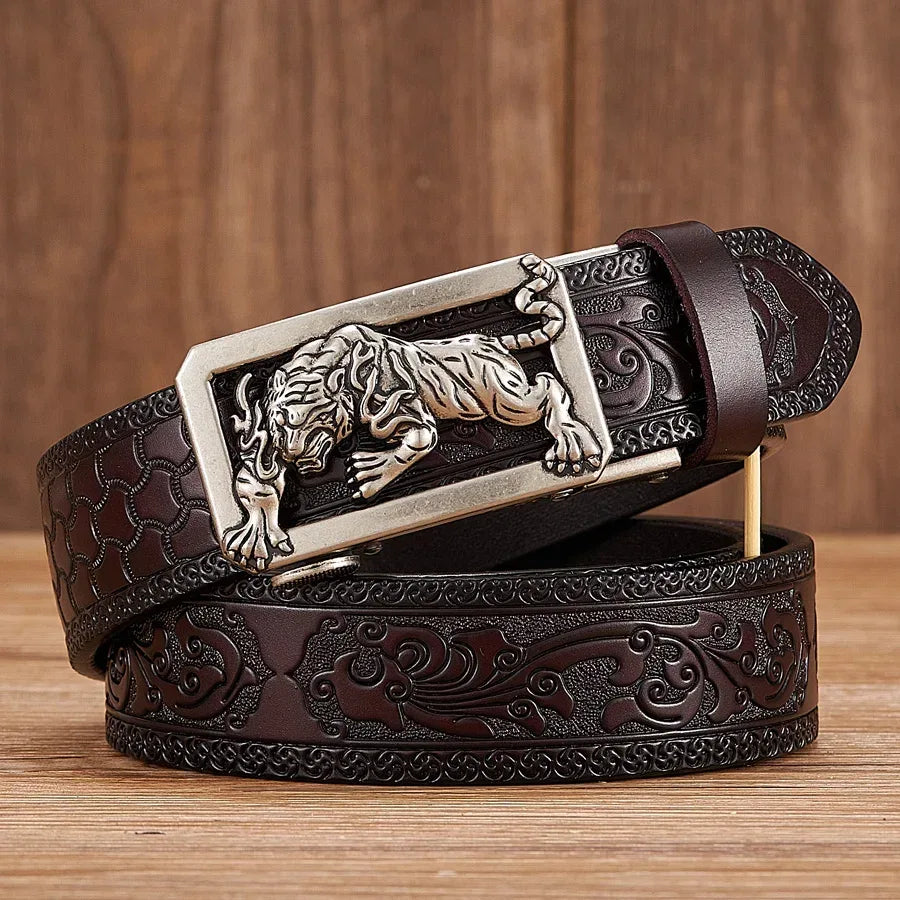 Tiger buckle men's belt with black embossed leather strap, silver-tone buckle, and detailed ornamental design.