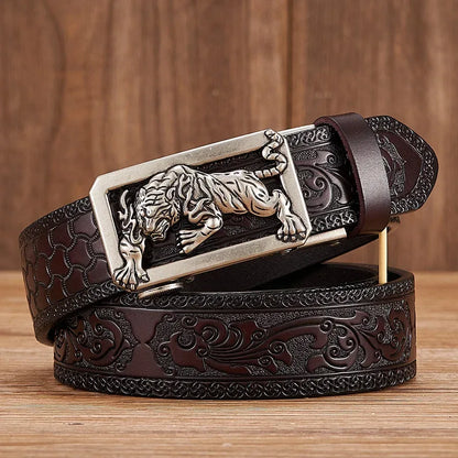Tiger buckle men's belt with black embossed leather strap, silver-tone buckle, and detailed ornamental design.