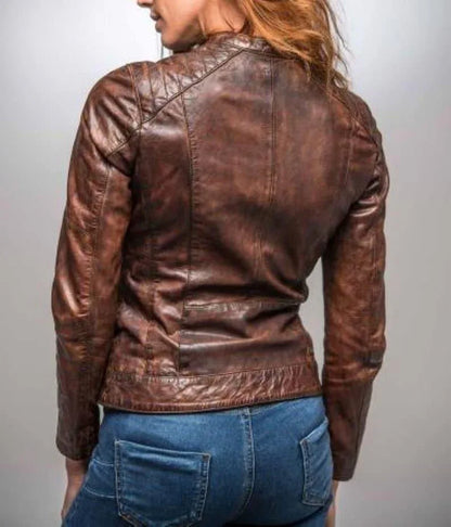 Women Brown Leather Distressed Jacket