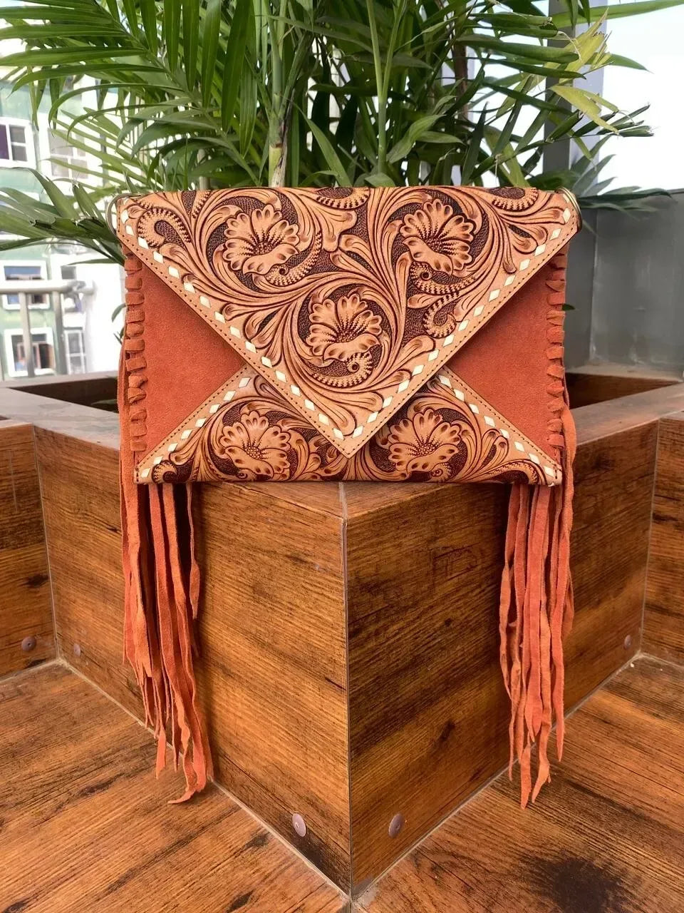 Suede Embossed Leather Tooled Crossbody Bag