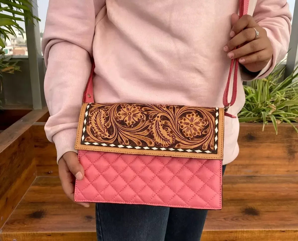 Pink Western Tooled Leather Crossbody Bag