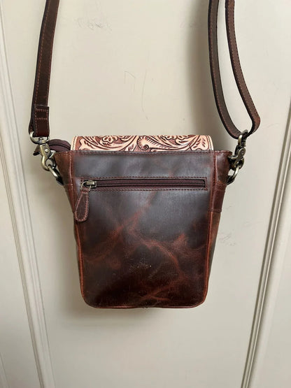 Tooled Cowhide Crossbody Bag with Western Leather Flap
