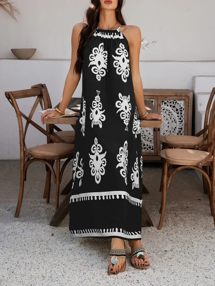 Tribal Print Maxi Dress for Women in Black and White