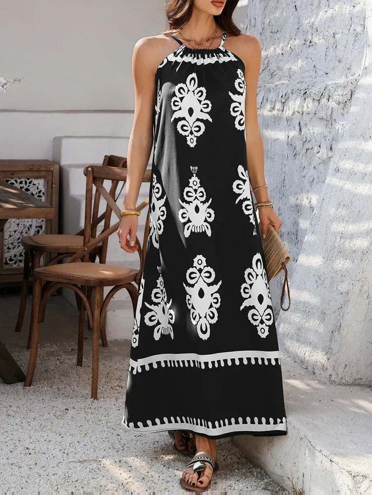Tribal Print Maxi Dress for Women in Black and White