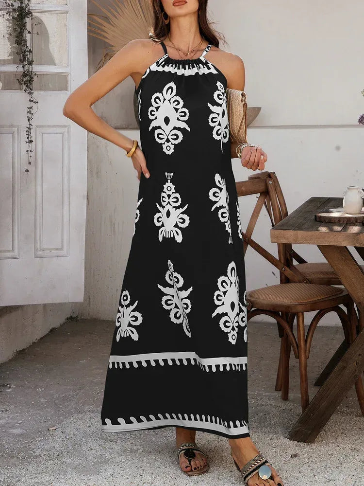 Tribal Print Maxi Dress for Women in Black and White