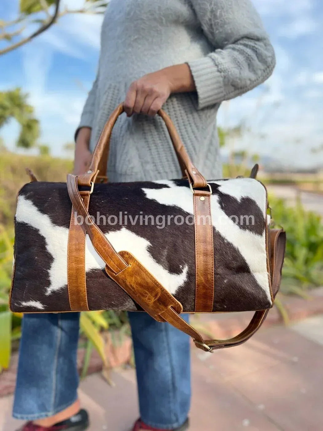 Cowhide Luggage Bag Black Brown White