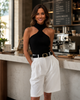 Twisted high neck ribbed halter top for women Black S