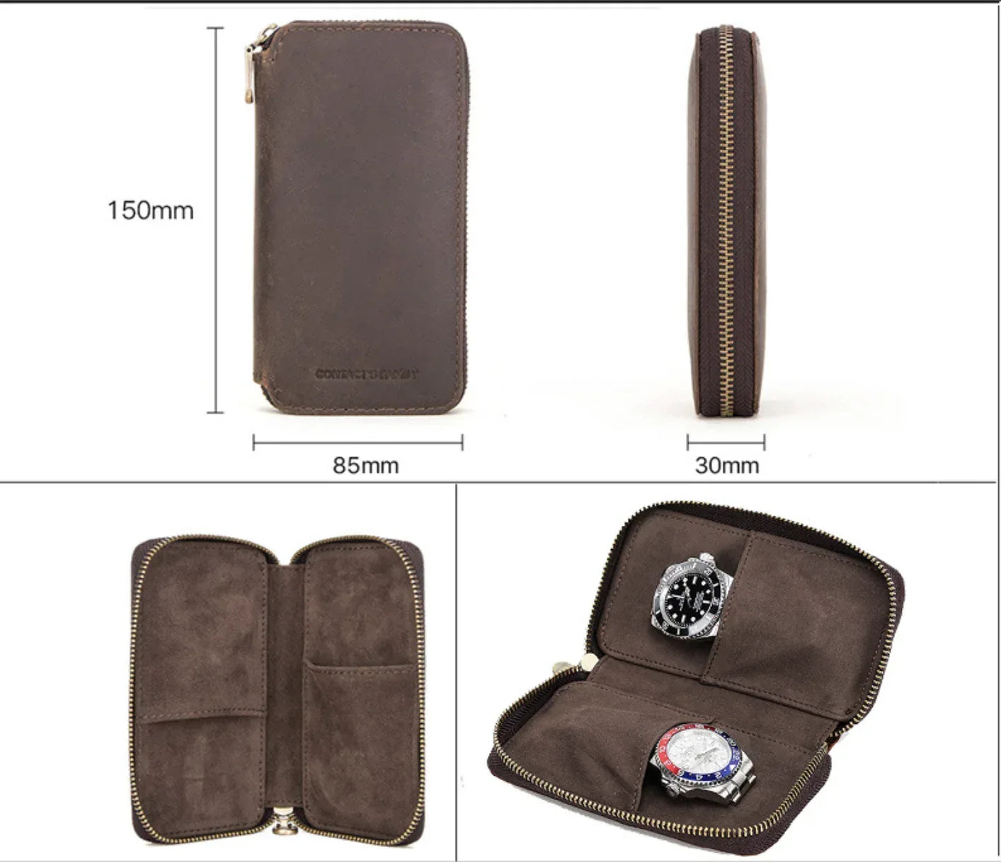 Luxury Travel Watch Storage Leather Pouch with Zipper