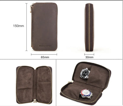 Luxury Travel Watch Storage Leather Pouch with Zipper
