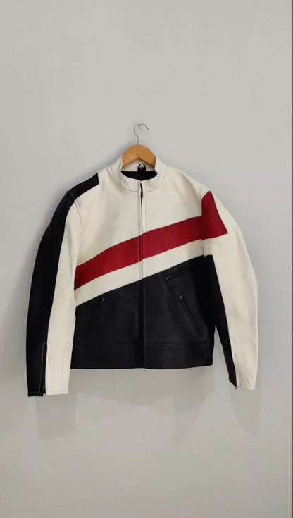 Two Tone Leather Jacket for Men in Black White Red