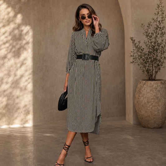 V-neck striped dress with loose belted shirt shape 1 S