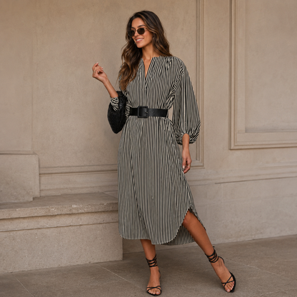 V-neck striped dress with loose belted shirt shape