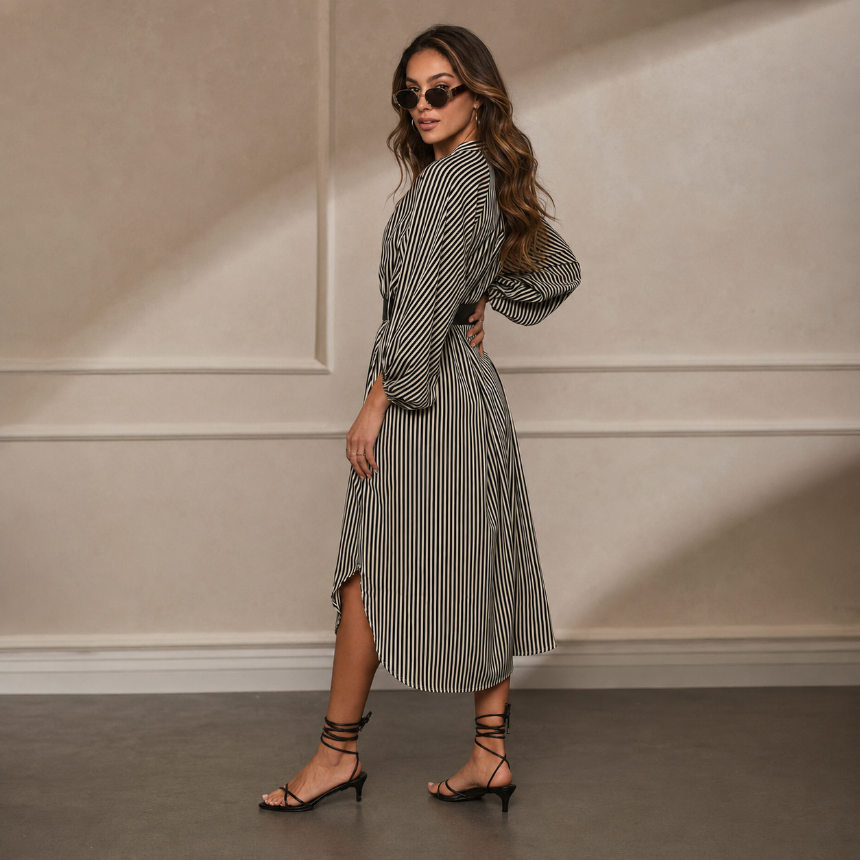 V-neck striped dress with loose belted shirt shape