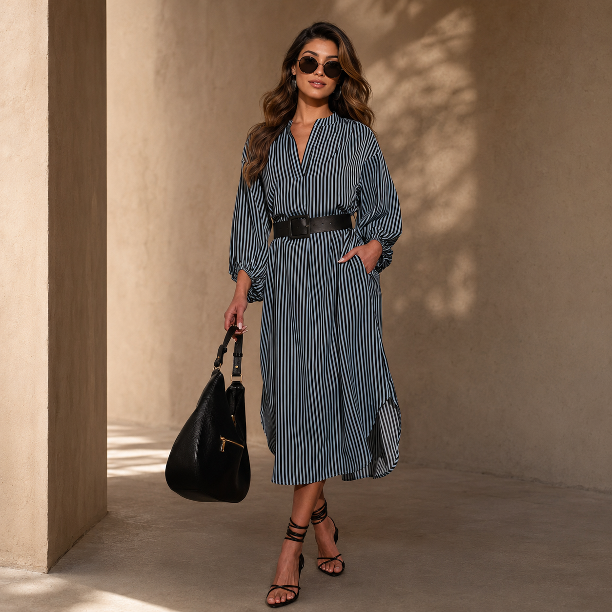V-neck striped dress with loose belted shirt shape