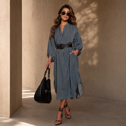 V-neck striped dress with loose belted shirt shape