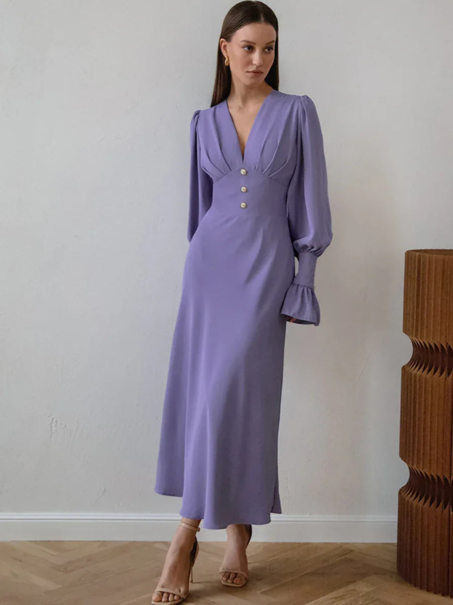 Baby Blue V Neck Long Sleeve Midi Dress